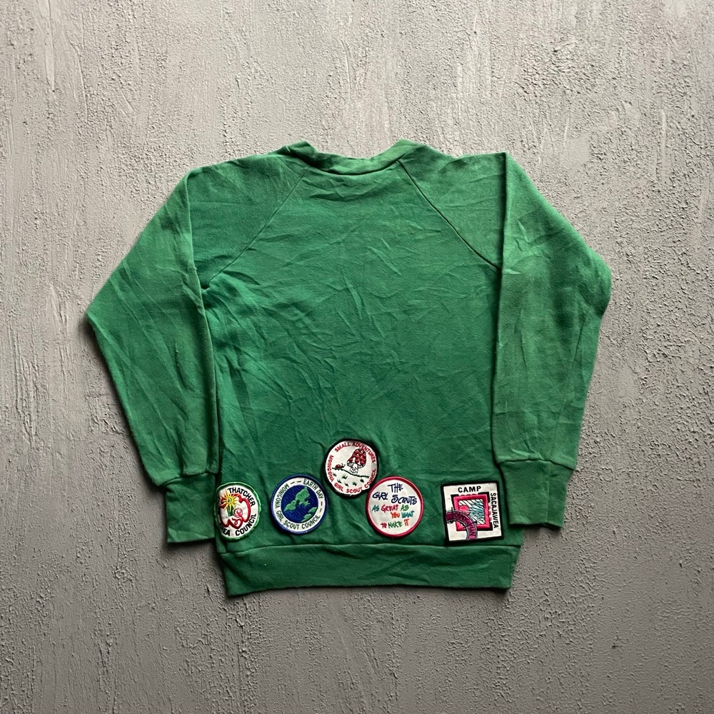Vintage Girl Scout Patch Raglan Sweatshirt Unisex Small Green 80s Healthknit